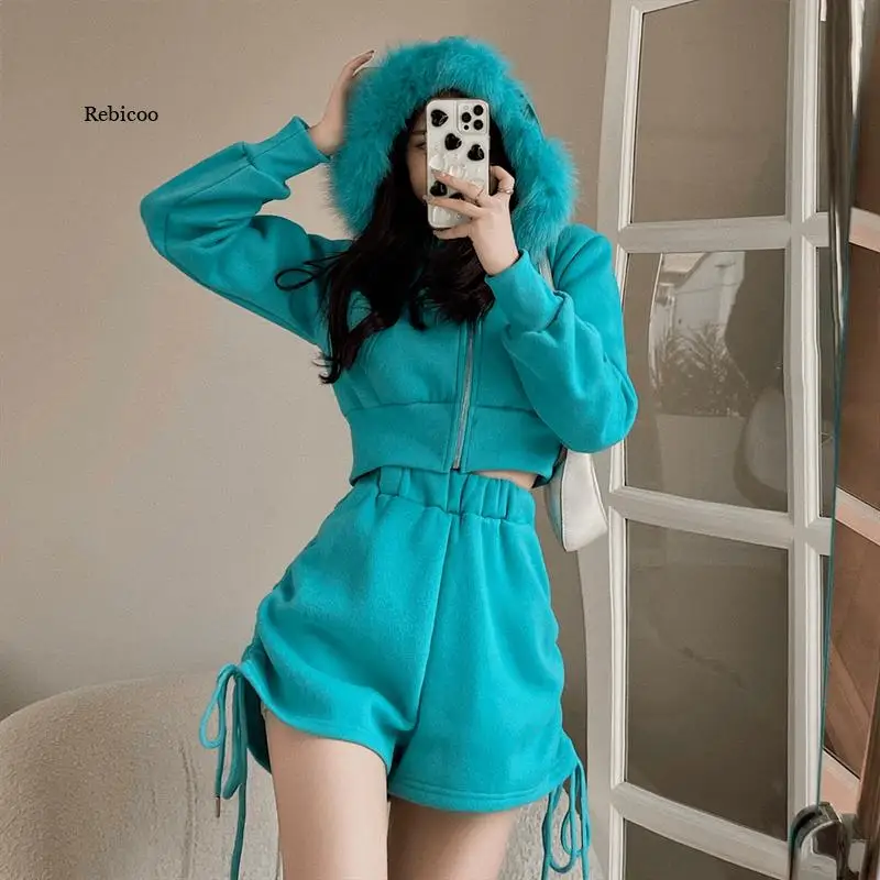 women-fleece-sweatshirts-short-jacket-zipper-hooded-cardigan-drawstring-wide-leg-shorts-female-casual-matching-sets-winter-new