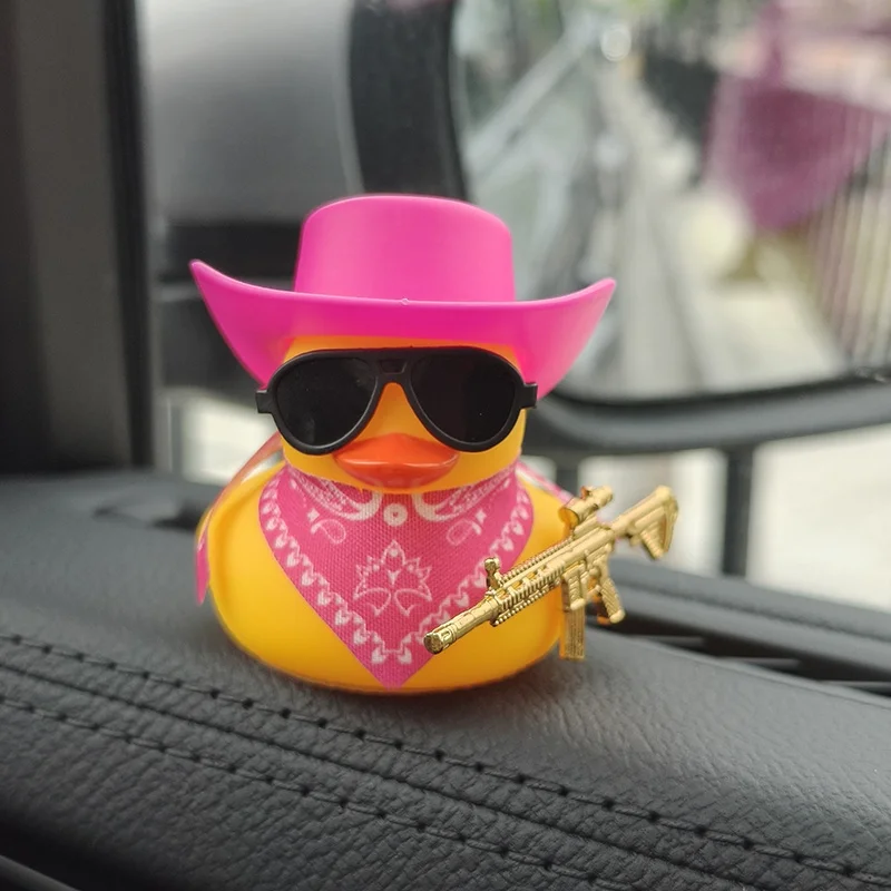 Yellow Duck Cowboy Hat Decoration with Sunglasses and Scarf - Trendy Car Interior Ornament