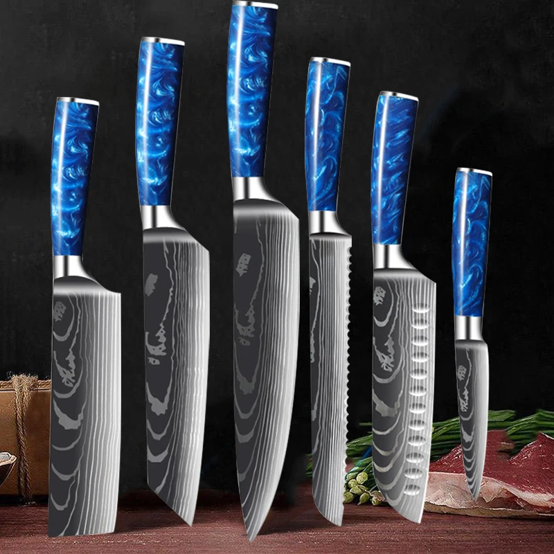 

Laser Pattern Japanese Kitchen Knife Set 7Cr17Mov Steel Sharp Cleaver Utility Paring Santoku Knife for Fish Sushi Slicing