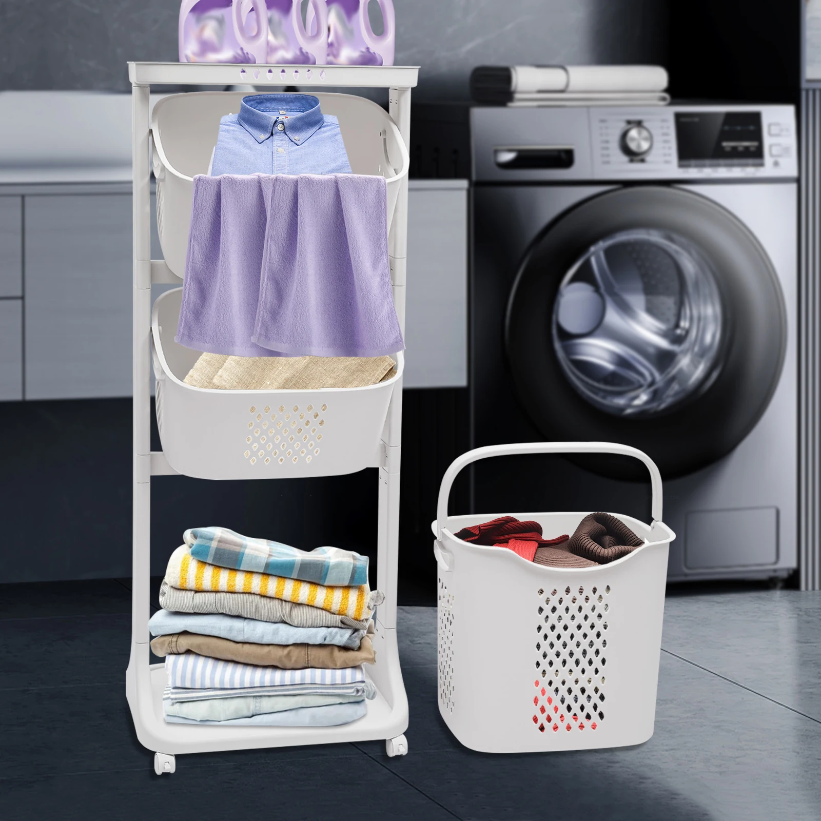 

White Dirty Clothes Receiving Basket Large Capacity Hamper Household Goods Easy to Access for Bedrooms and Dormitories