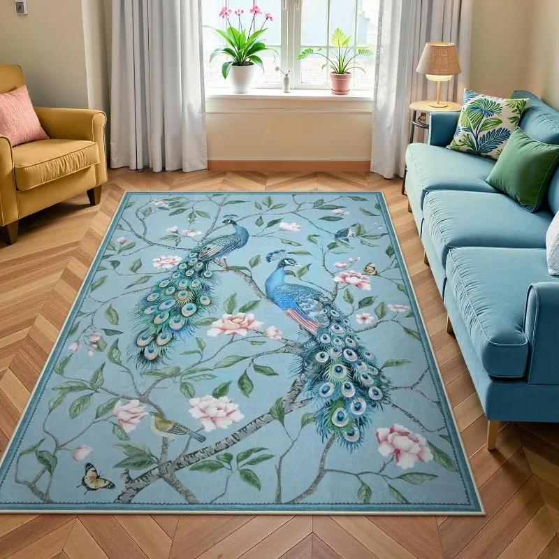 Modern Art Living Room Carpet Floral Bird Peacock Motif Machine Washable Non-slip Bedroom Rug Creative Cloakroom Plush Mat Tapis
