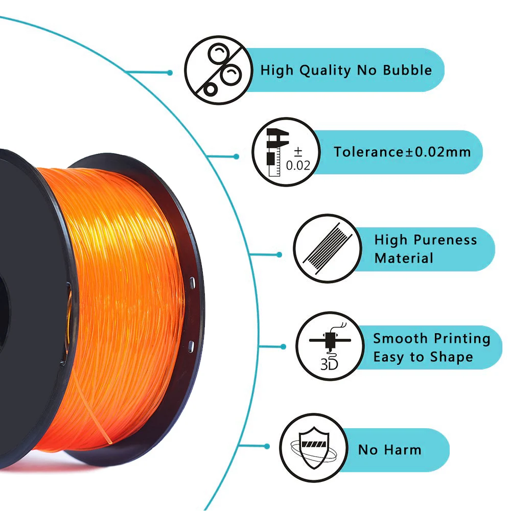 Filamento TPU flexível para impressora 3D, comprimento de 1,75mm, 250g, 80m