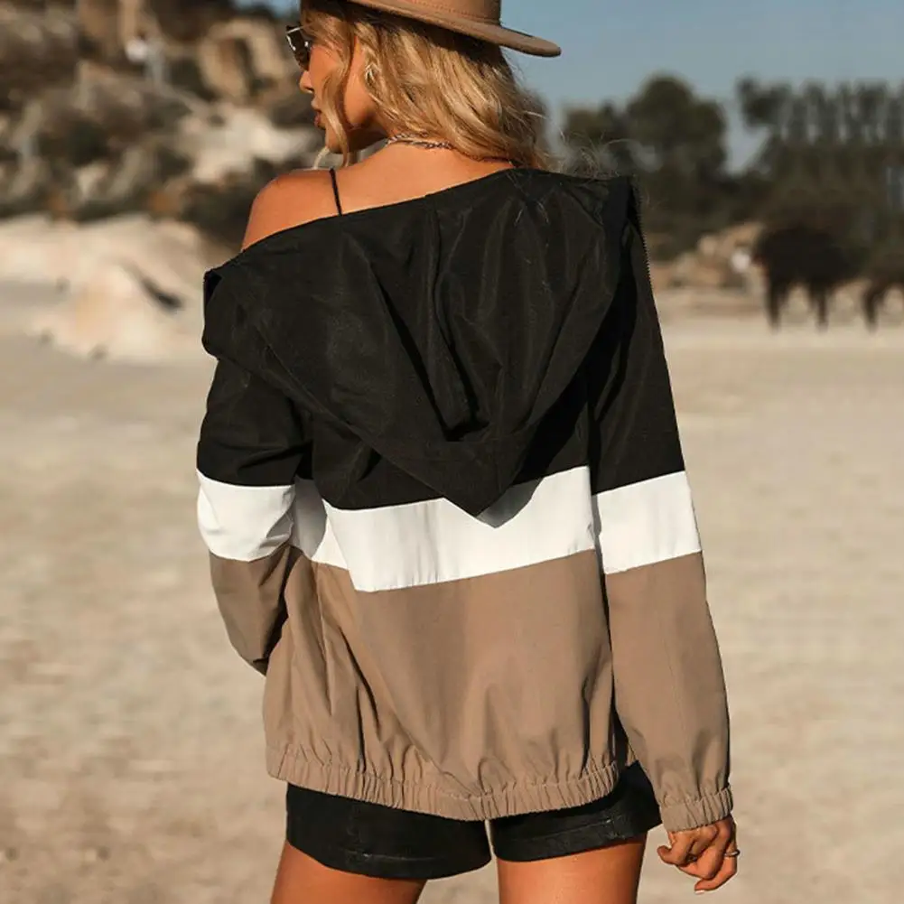 

Soft Women Jacket Stylish Colorblock Women's Hooded Jacket Smooth Loose-fit Coat for Spring Fall with Zipper Closure Casual