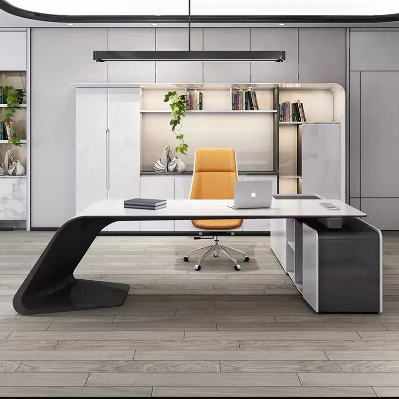 Durable Ceo Office Computer Desk Light Luxury Executive Workstation Office Table And Chair Set In White