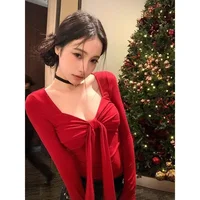 Sexy Long Sleeve T-Shirt Women's Slim Fit Base Layer with Butterfly Knot Design Korean Style V-neck Pullover Top