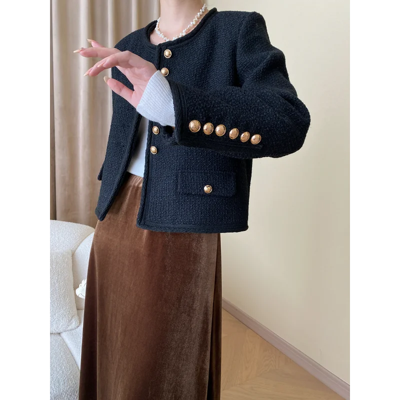 Small Fragrance Korea Chic Autumn Coat Vintage Round Neck Long Sleeve Woven Casual French Classic Black Tweed Jacket Women 1732 small fragrance tassel woven tweed jackets o neck loose casual korean fashion chic white green office short coat autumn winter