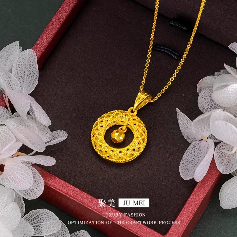 High quality 999 spiral bead safety buckle womens clavicle chain floral wire hollow round necklace 18K real gold jewelryGift