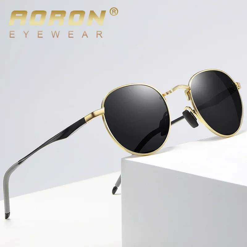 AORON Retro Polarized Sunglasses Round Sun Glasses Men Women Mirror Reflective Metal Frame Aluminum Legs Men Sunglasses A553