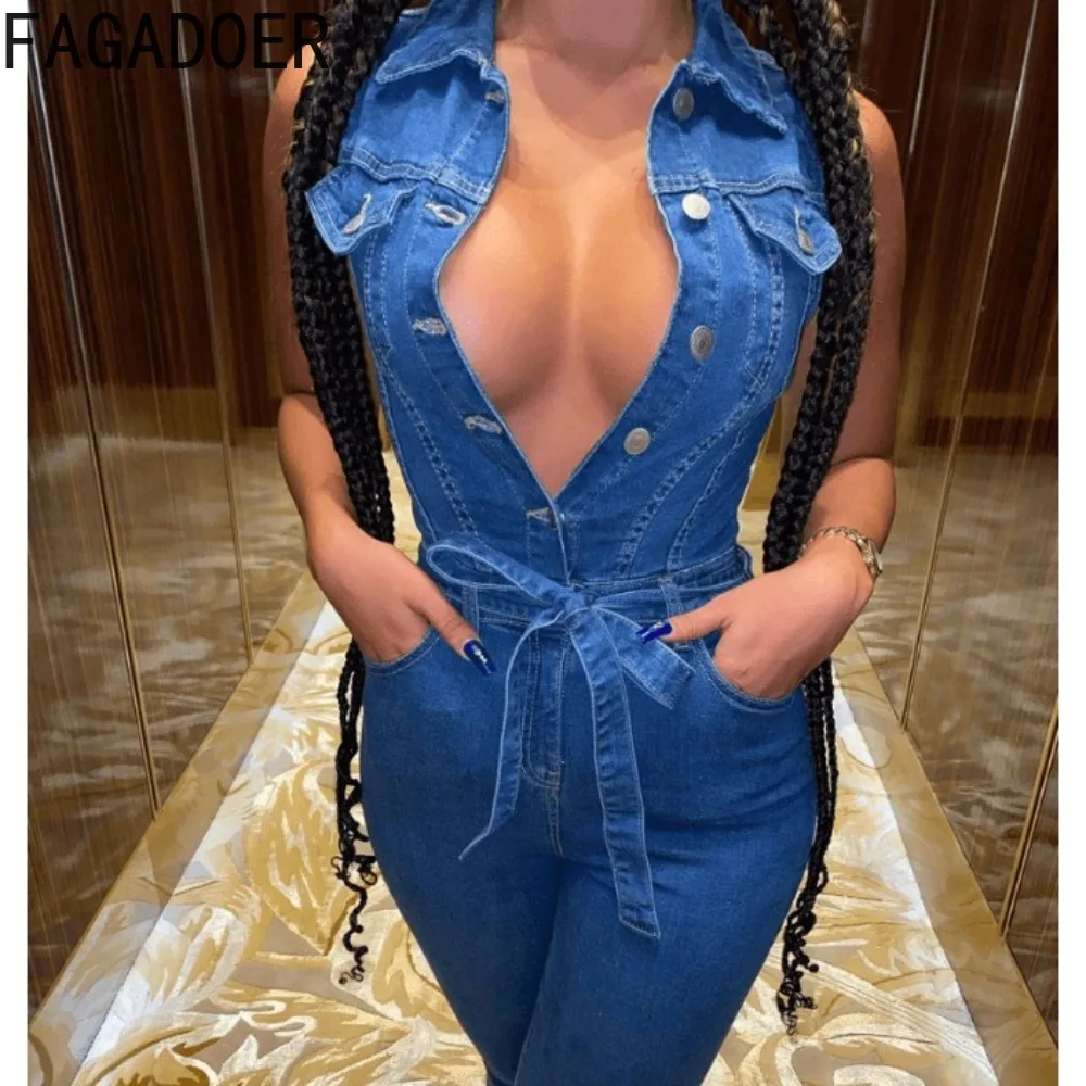 

FAGADOER Blue Sexy Deep V Sleeveless Lace Up Denim Jumpsuits Women Button Bodycon Playsuits Fashion Cowboy Skinny Pants Overalls