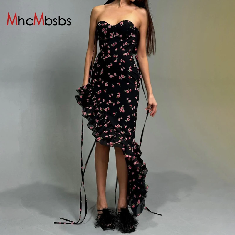 

Sexy Spaghetti Strap Bandage Ruffle Maxi Dress Women Off Shoulder Floral Print Elegant Sundress 2024 Summer Night Prom Clothes