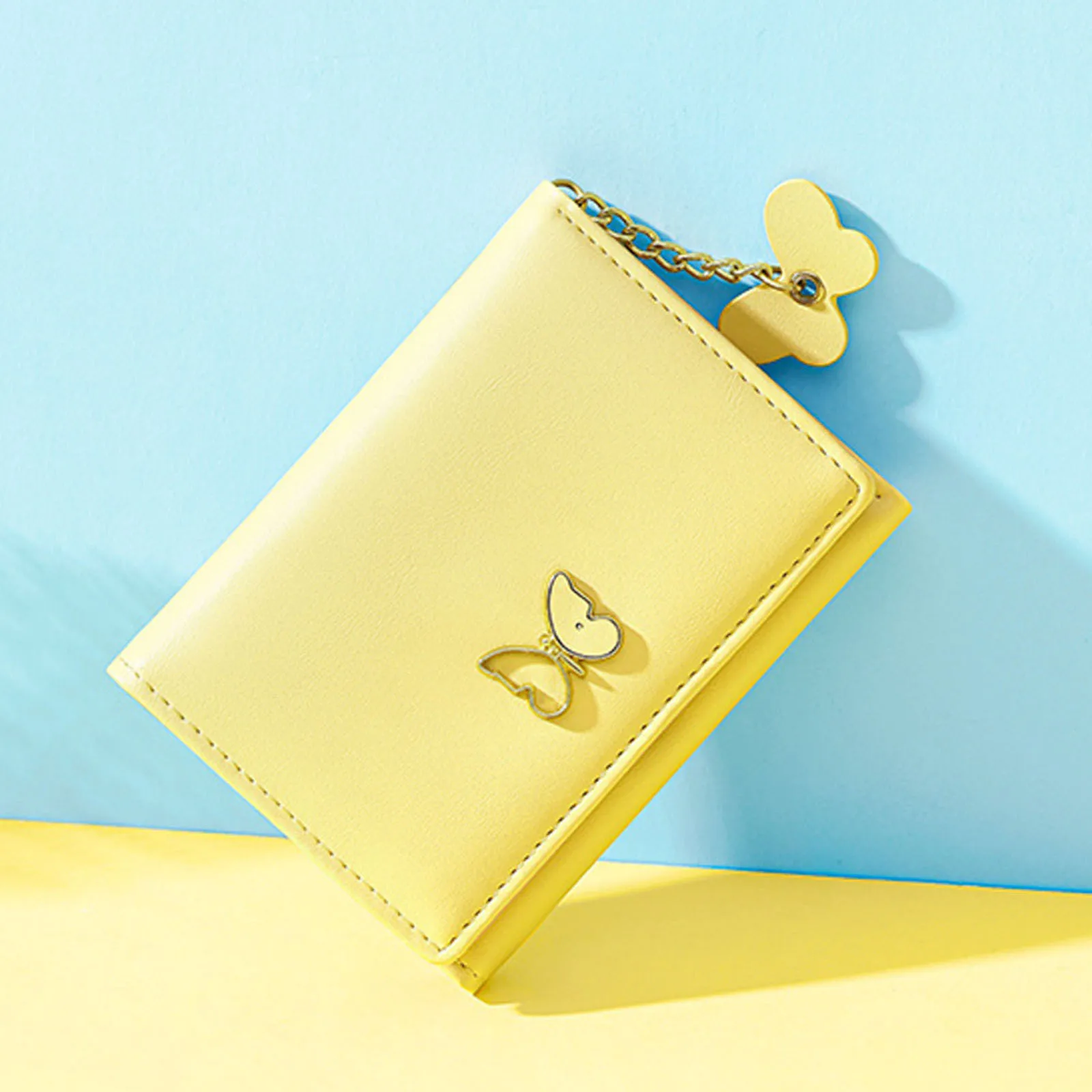 Butterfly Pattern Girls Short Wallet Fashion Tri Fold Design Buckle Chain Wallet Leather Cash Storage Clip Carteras Para Mujeres
