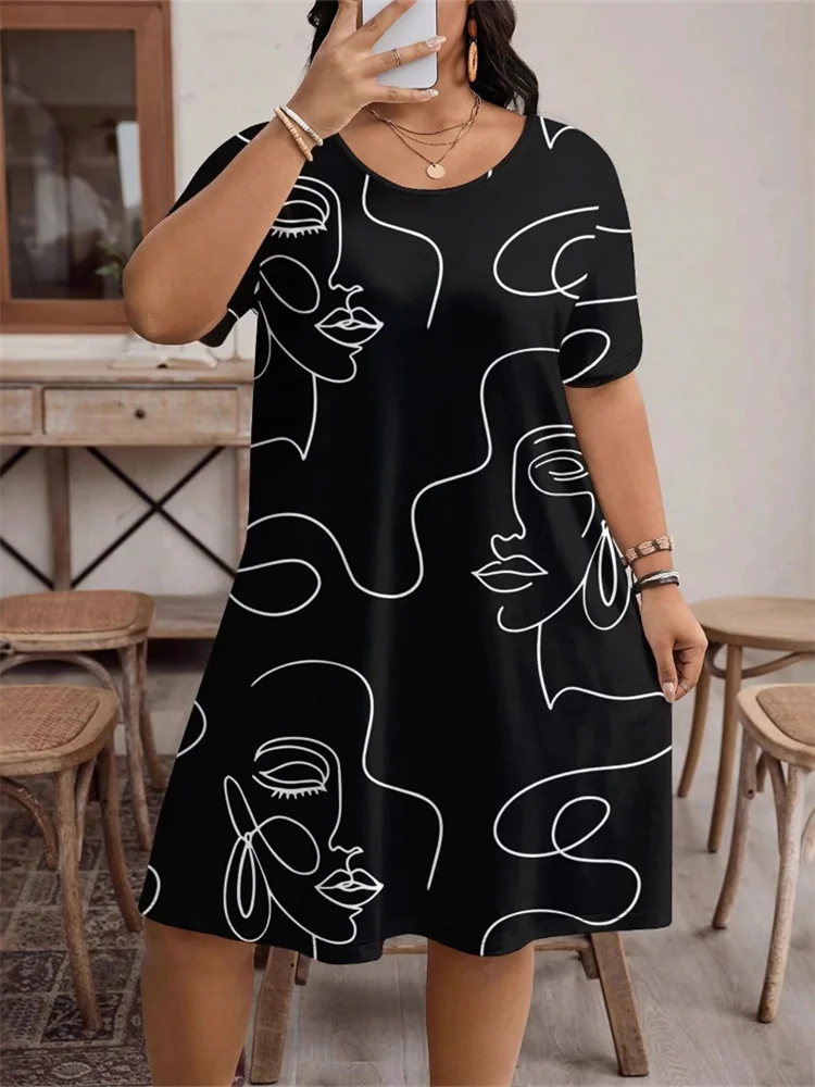 Wmstar Plus Size Dresses for Women 2025 O Neck Loose Casual Printed Midi Dress New in Summer Clothes Wholesale Dropshipping