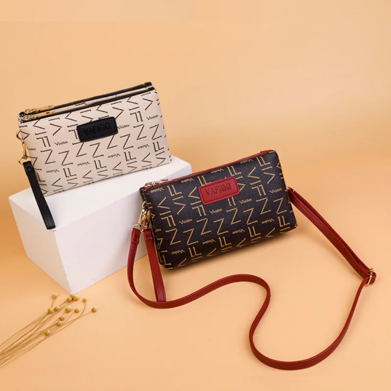 Letter Printed Clutch Bag For Women Contrast Color PU Leather Mini Shoulder Bag Ladies Purses And