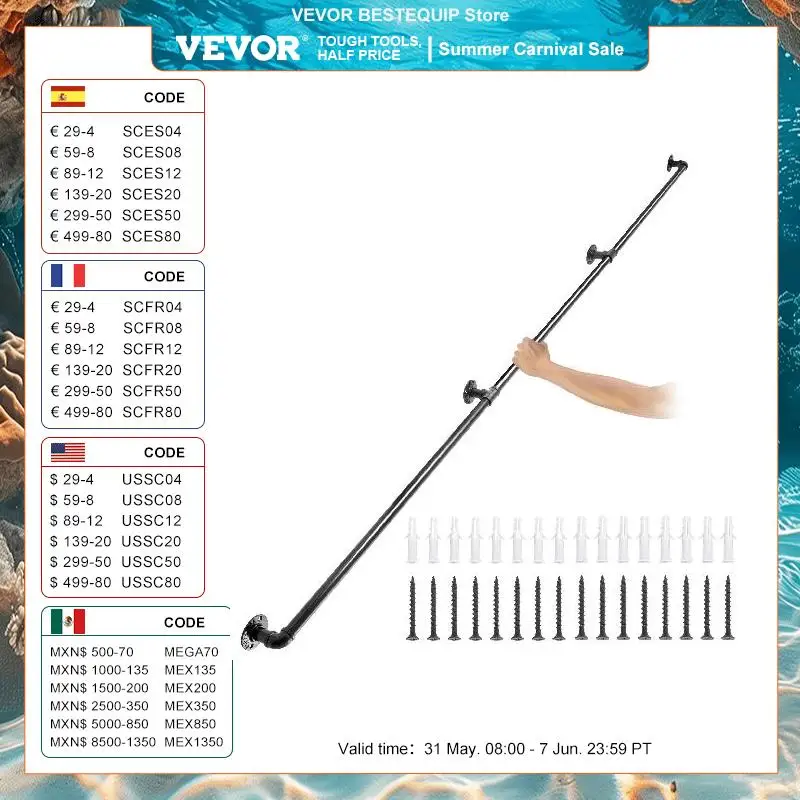 VEVOR 2-13ft Biztonságos Cső Lépcsőfok handrails Lepcső 440lbs handrails Szénrúd Acél számára falra Felszállít Lepcső Benne valamint kültéri Sztrájktörő