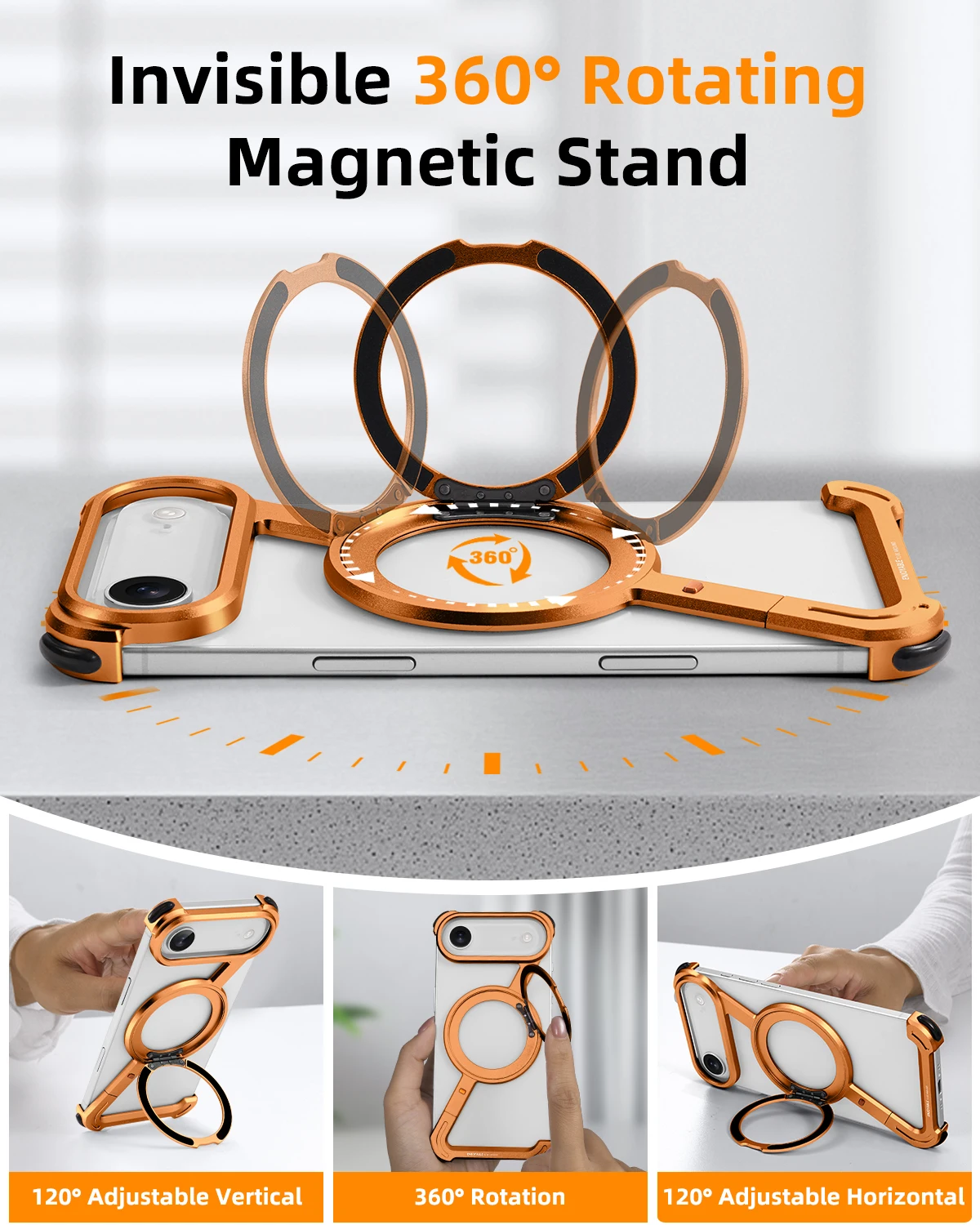 Oatsbasf Metal Frameless Phone Case with 360° Rotatable Ring Stand - Shockproof Bumper Design