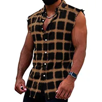 Mens Large Tall Shirts 2023 Summer Fashion Casual Plaid Print Buckle Sanding Sleeveless Shirt Vest Workout Clothing - Image 4