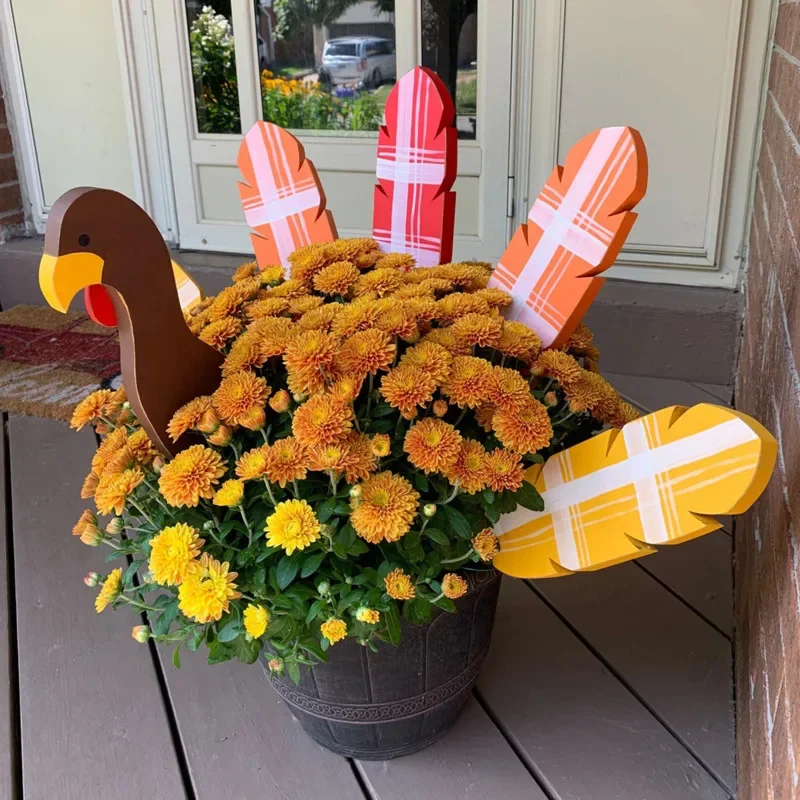 

Thanksgiving Turkey PVC Wooden Flower Pot Plug In Decorations Set 15x5cm Cartoon Cute Horticulture Ornamental Set Garden Decor