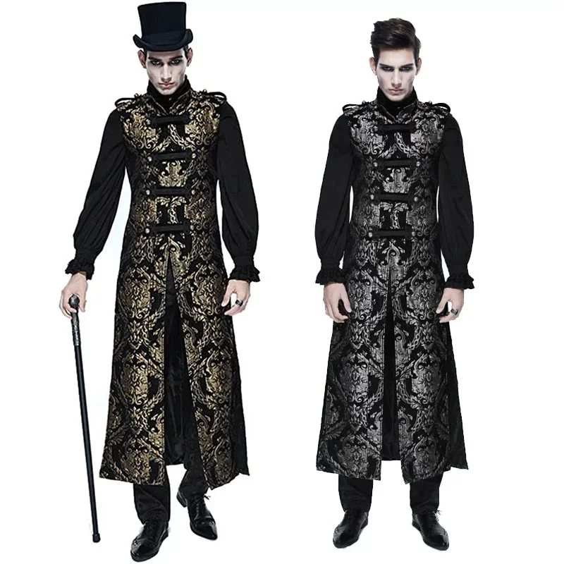 Men Steampunk Trench Gothic Jacket Long Vest Sleeveless Medieval Retro Casual Jacquard Male Uniform New Halloween Costume Coats