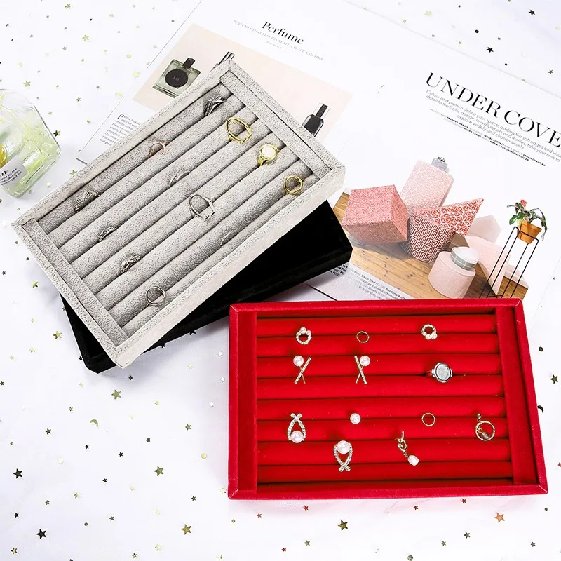 Velvet Suede Jewelry Display Tray Ring Earring Organizer Holder Rack