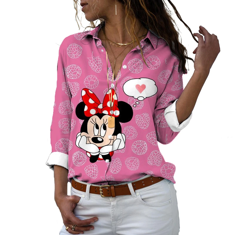 

Spring and Autumn Fashion New Disney Character Mickey and Minnie 3D Printed Women's Cute Shirt Button Polo Long Sleeve Shirt Top