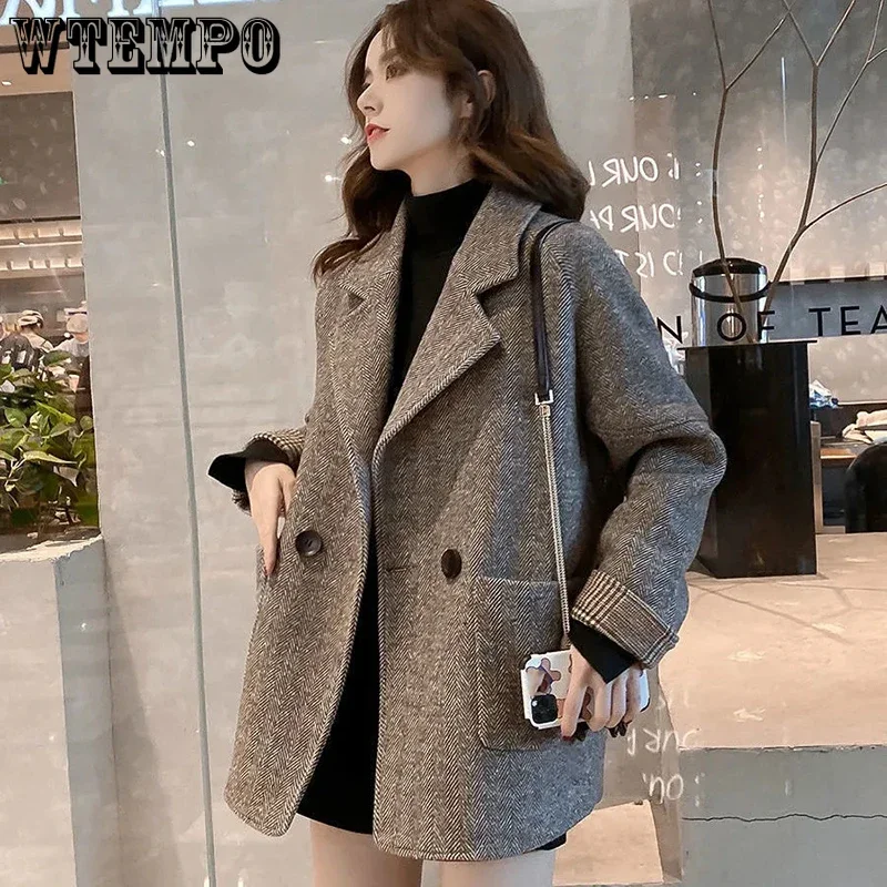 

WTEMPO Fall Winter Blazer Coat Women New Korean Loose Woolen Coat Office Lady Fashion Casual Warm Pocket Tailored Coat Wholesale
