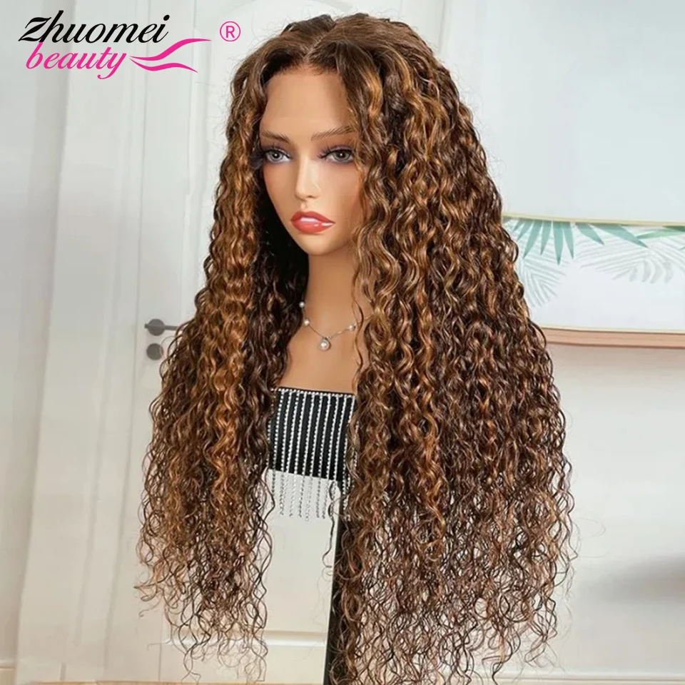 

30 32 Inch Highlight Ombre Brown Water Wave Lace Front Wig Human Hair 13x6x1 HD Deep Curly Lace Front Wigs For Women Human Hair