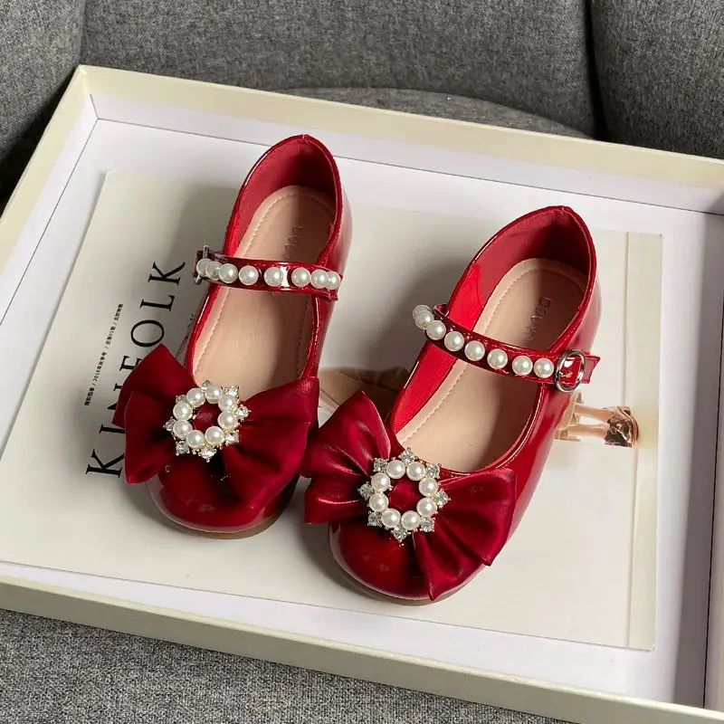 Girls Mary Jane Shoes New Soft Kids Fashion Girls Mary Jane Shoes Bow with Pearls Versatile Simple Children Casual Platform Moccasin Leather Shoes