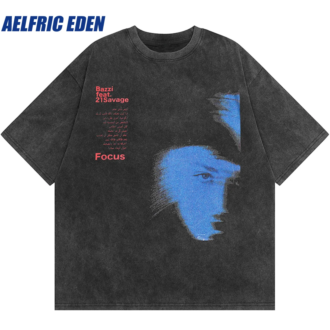 

Aelfric Eden Blue Shadow Letter Graphic Vintage Washed Black T Shirt Men Streetwear Hip Hop Oversize Harajuku Tshirt Tees Cotton