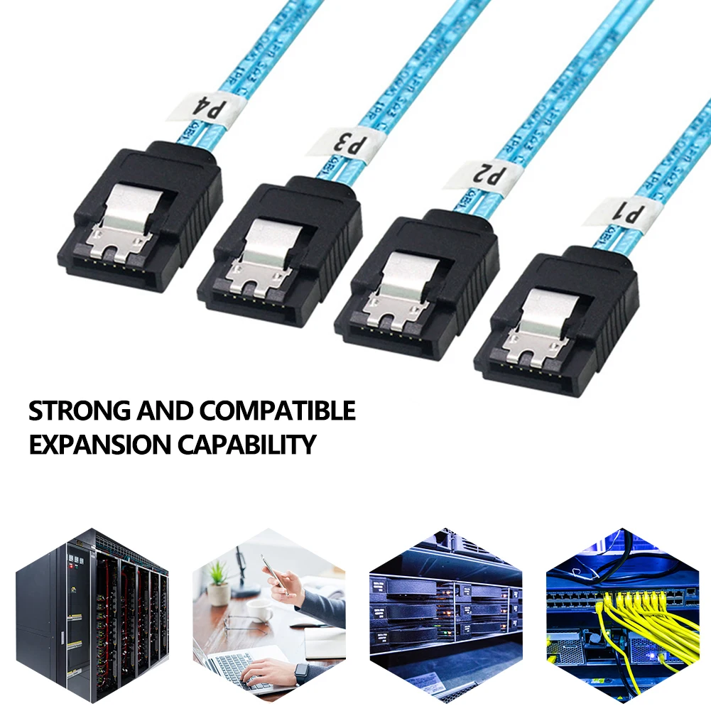 90° SATA 3.0 Mini SAS Cable - 6Gbps, 4 SATA to 4 SATA Male to Male, 7 Pin SSD Hard Disk Drive Data Cable Description Image.