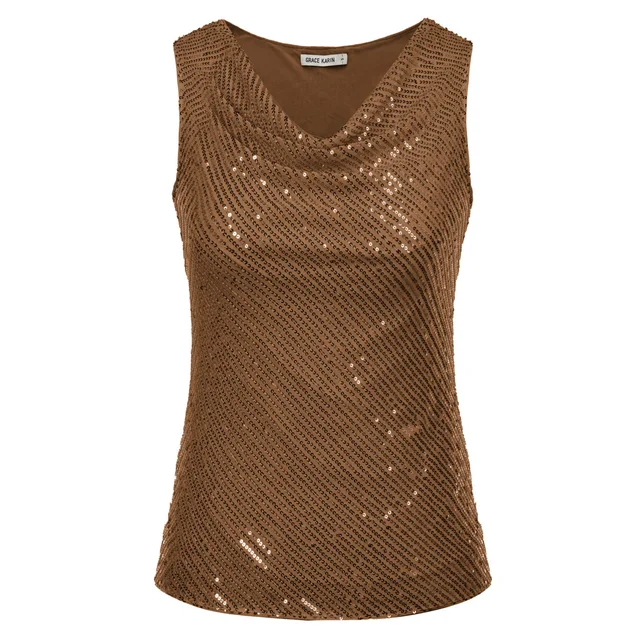 GRACE KARIN Mouwloze sexy glanzende paillettentop voor dames, V-hals, nauwe top voor feestjes, Kerstmis, zilvergrijs, XXL