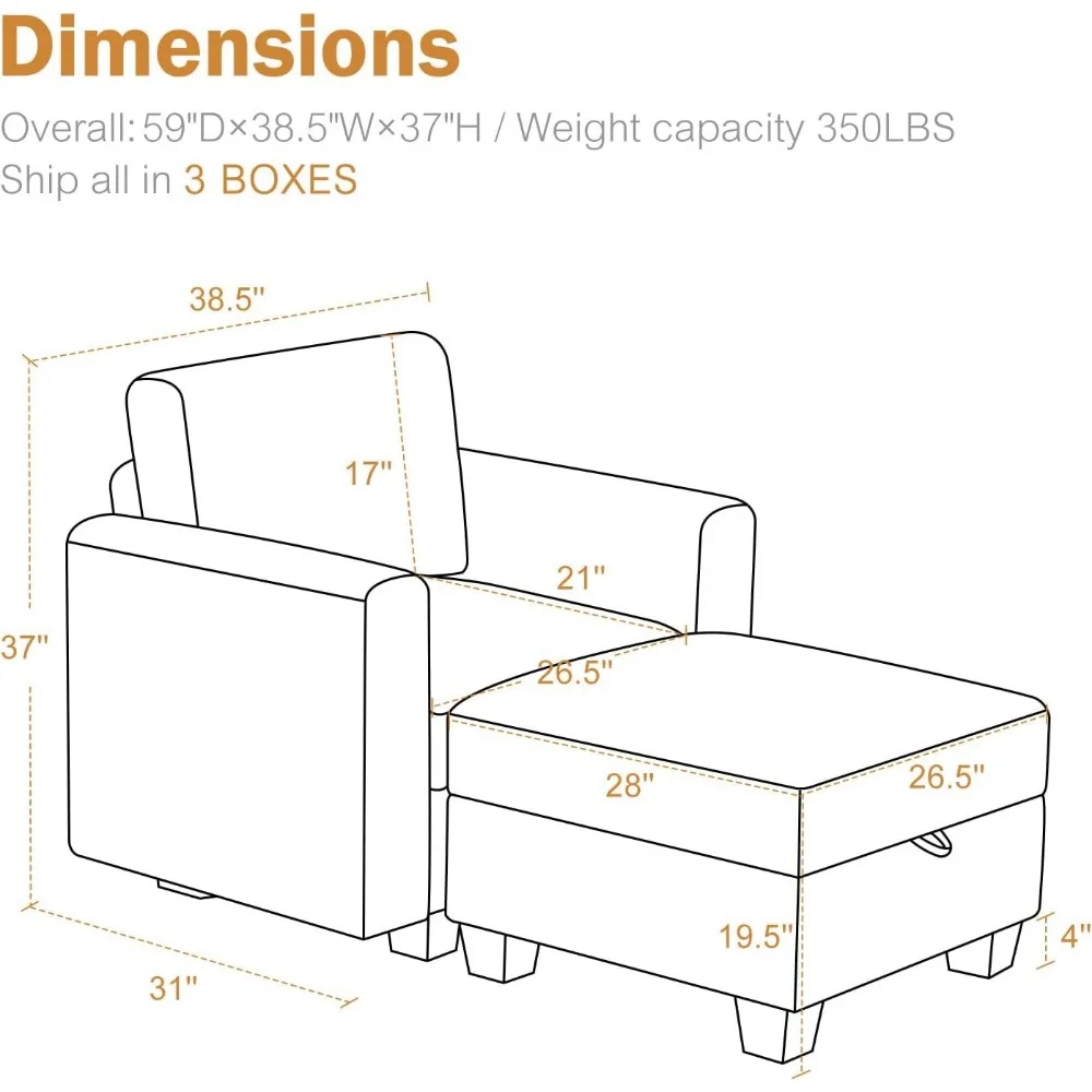 Chair with Ottoman,Upholstered Armchair with Storage,Extra-Deep-Seated Modular Single Sofa,Reading Chair Footrest