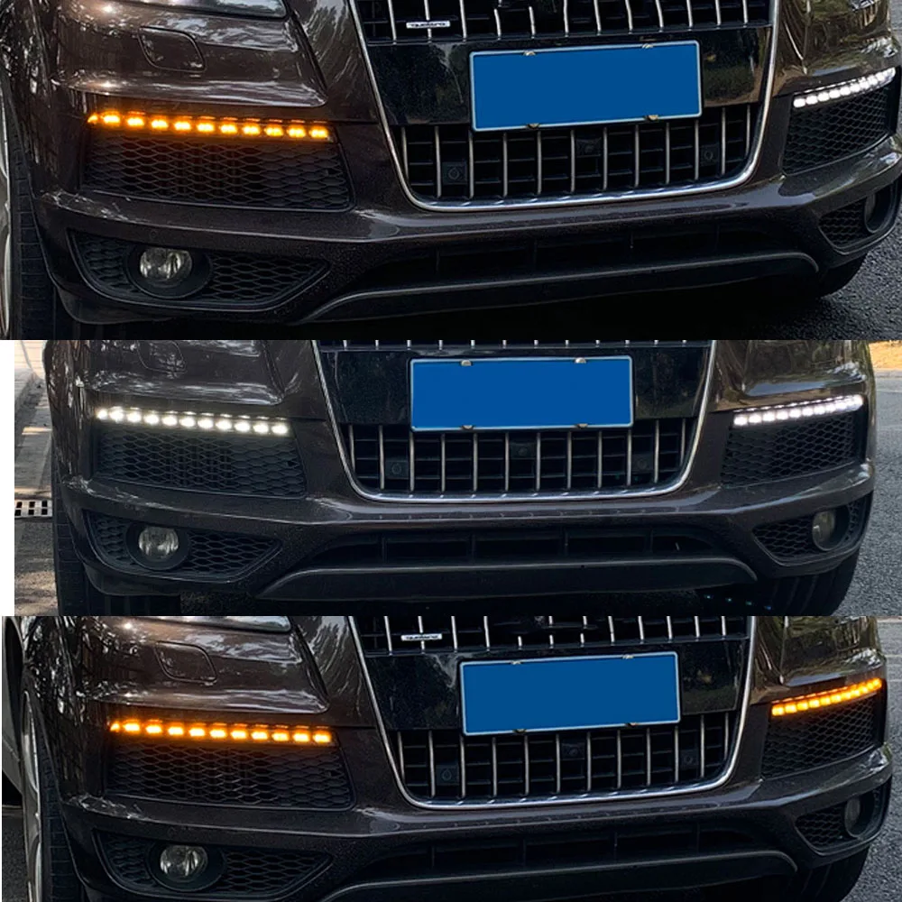 2PCS LED Daytime Running Light For Audi Q7 2010 -2015 Dynamic Yellow Turn Signal Function Car DRL Waterproof 12V Fog Lamp Bulb