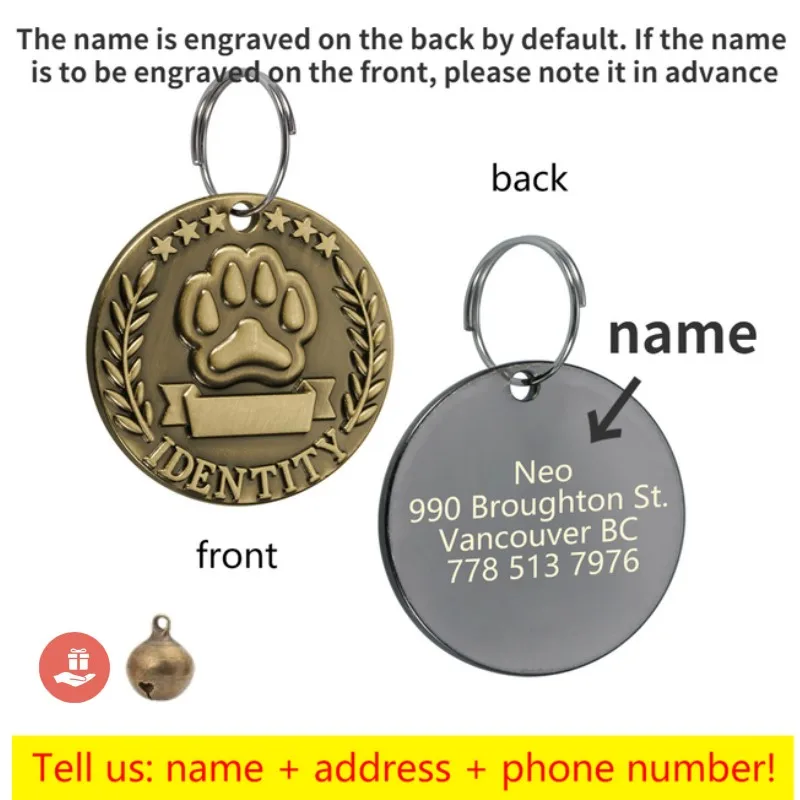 Customizable Engraved Pets ID Tag for Dog Cat Bronze Nameplate Tags Personalized Anti-lost Address Number Dogs Collar ID Pendant