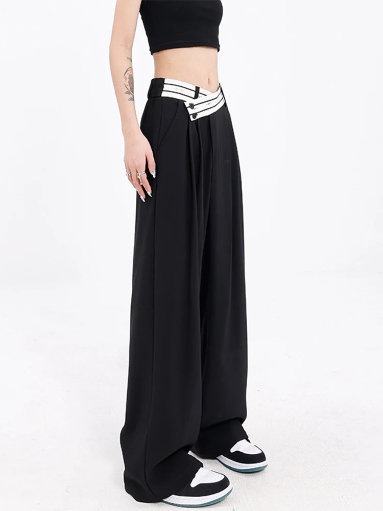 

New Women Korean Fashion Wide Leg Pants Baggy Long Trousers Pleated Asymmetrical Design Y2k Streetwear Vintage Cozy Loose Casual