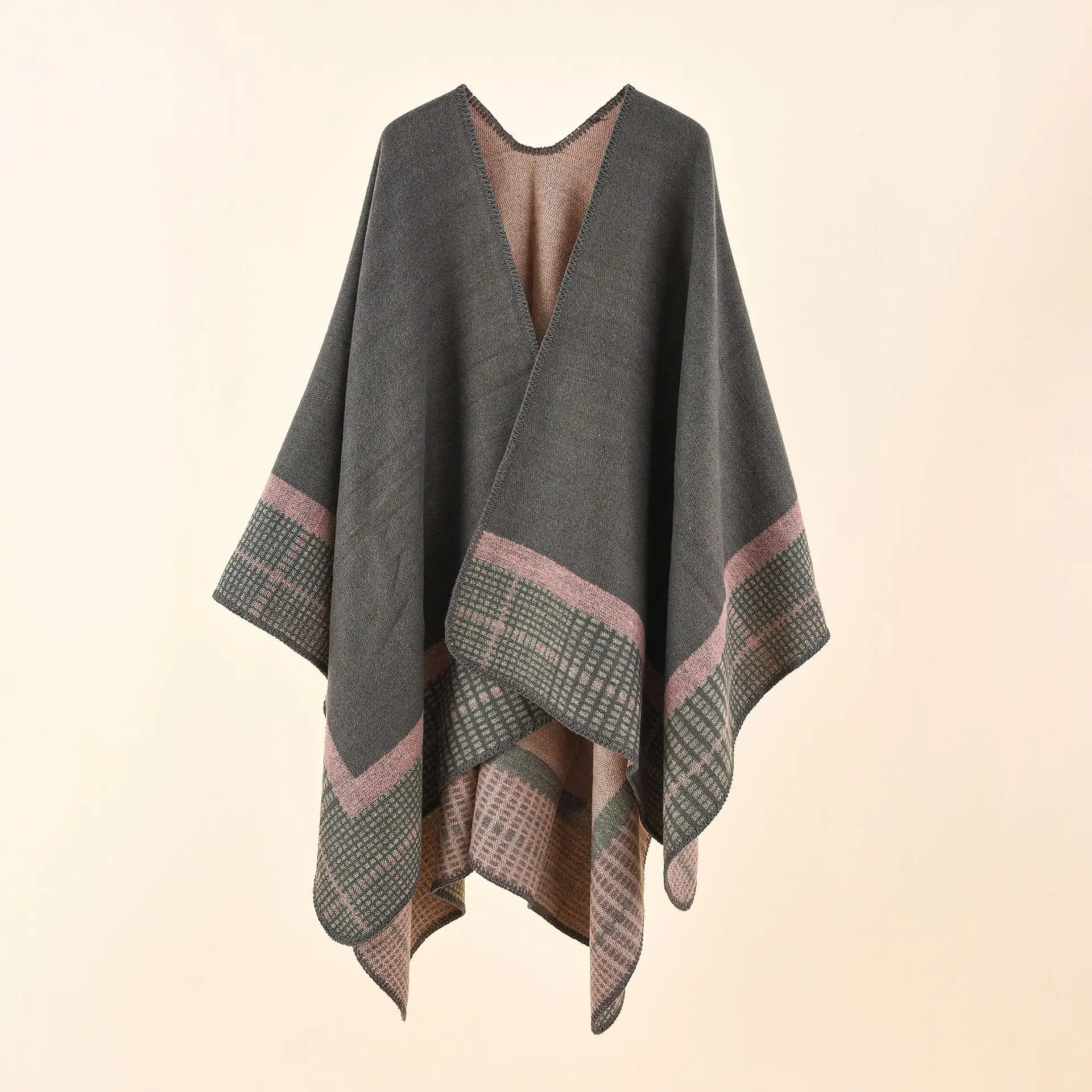 

Women's Striped Small Square Imitation Cashmere Acrylic Warm Air Conditioning Shawl Sunscreen Cloak Tourism Cloak Pink