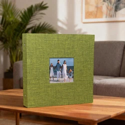 Elegant Self - Adhesive Photo Album with Window Cover - White Fabric Pages, 40 - Page Capacity - Ideal for Weddings, Travel, and Baby Memories (Grass Green)