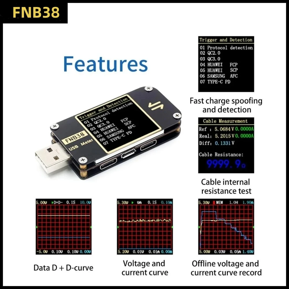 FNIRSI FNB38 전류 및 전압 측정기 USB 테스터 QC4+ PD3.0 2.0 PPS 고속 충전 프로토콜 용량 테스트