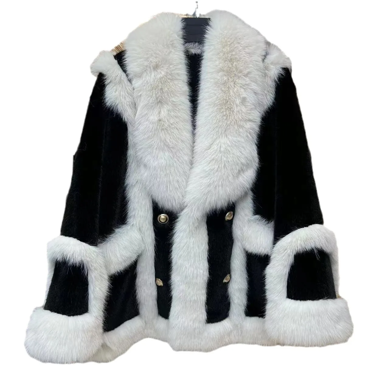 color fashion coat fur female winter new black and white lamb coat fur