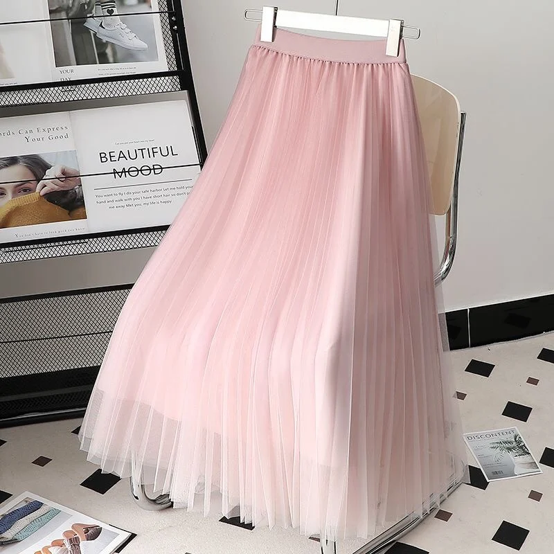 

Women Fashion Elegant Gradient A-line Pleated Long Skirts Ladies Korean Sweet High Waist Mesh Skirt Streetwear Beach Midi Skirt