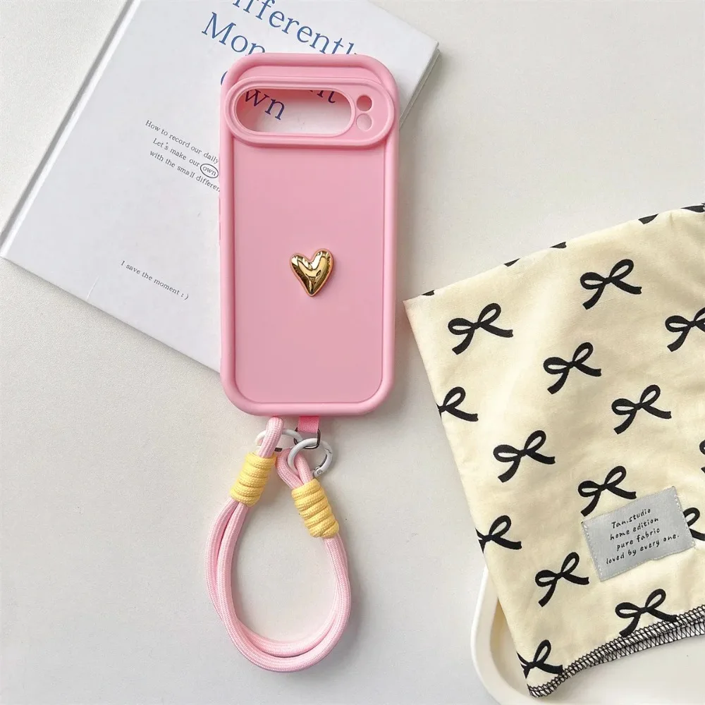 Silicone Soft Phone Case with 3D Gold Heart Love Rope Wrist Strap Lanyard - Shockproof Cover