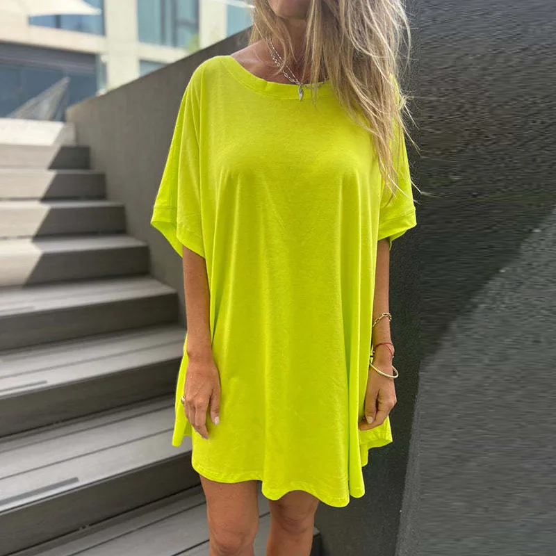 

Comfort Casual Solid Short Sleeve T-shirt Dress Women 2024 Spring O Neck Simple Party Dress Summer Lace-up Backless Beach Dress