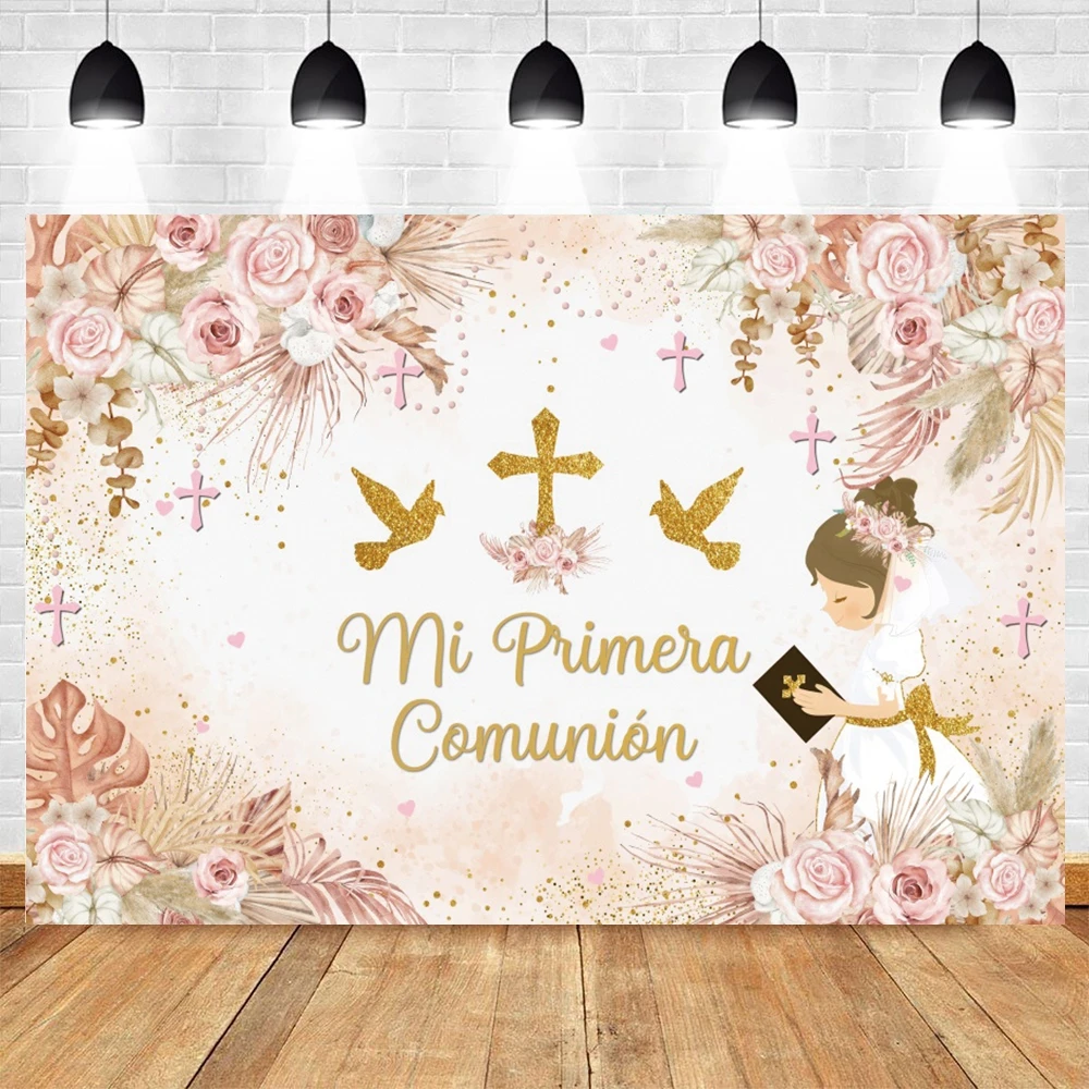 First Holy Communion Backdrop Girl Boy Baptism Party Flower Cross God Bless Baby Shower Photography Background Photo Studio Prop