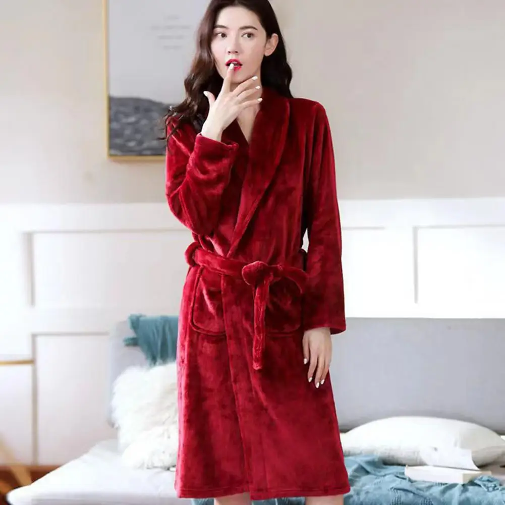 

Unisex Winter Bathrobe Thick Warm Great Water Absorbent Solid Color Lace Up Long Sleeve Cardigan Lapel Pockets Knee Length Night