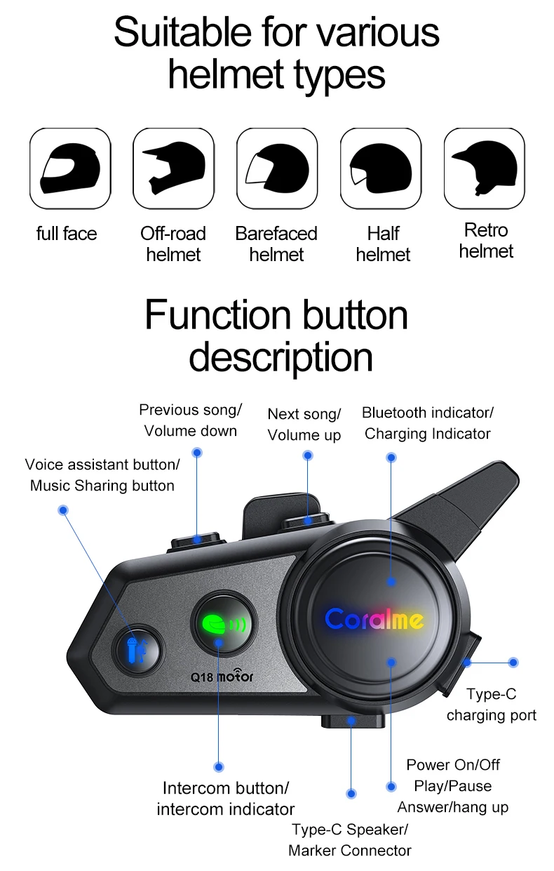 Bluetooth Intercom Headset For Motorcycle Helmets Ipx6 Waterproof_voghion.com