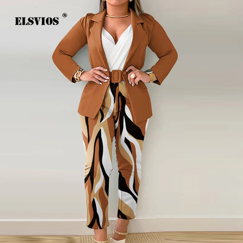 

Commute Elegant New Suit Long Pants With Belt Sets For Women Autumn Winter Printed Turn-down Collar Coats Office Lady Party Sets