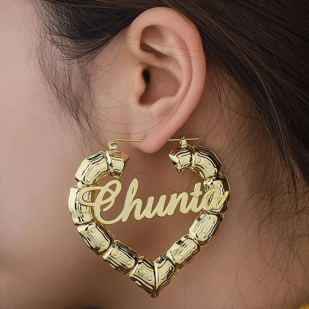 Customized Heart Bamboo Hoop Earrings Stainless Steel Custom Name Earring Heart Shaped Earrings Personality Gifts For Women
