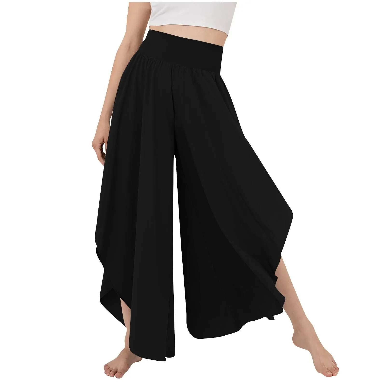 Women's Flowy Large Size Palazzo Pants Irregular Hem High Waist Casual Cropped Pants Summer Lightweight Elastic Beach Pants