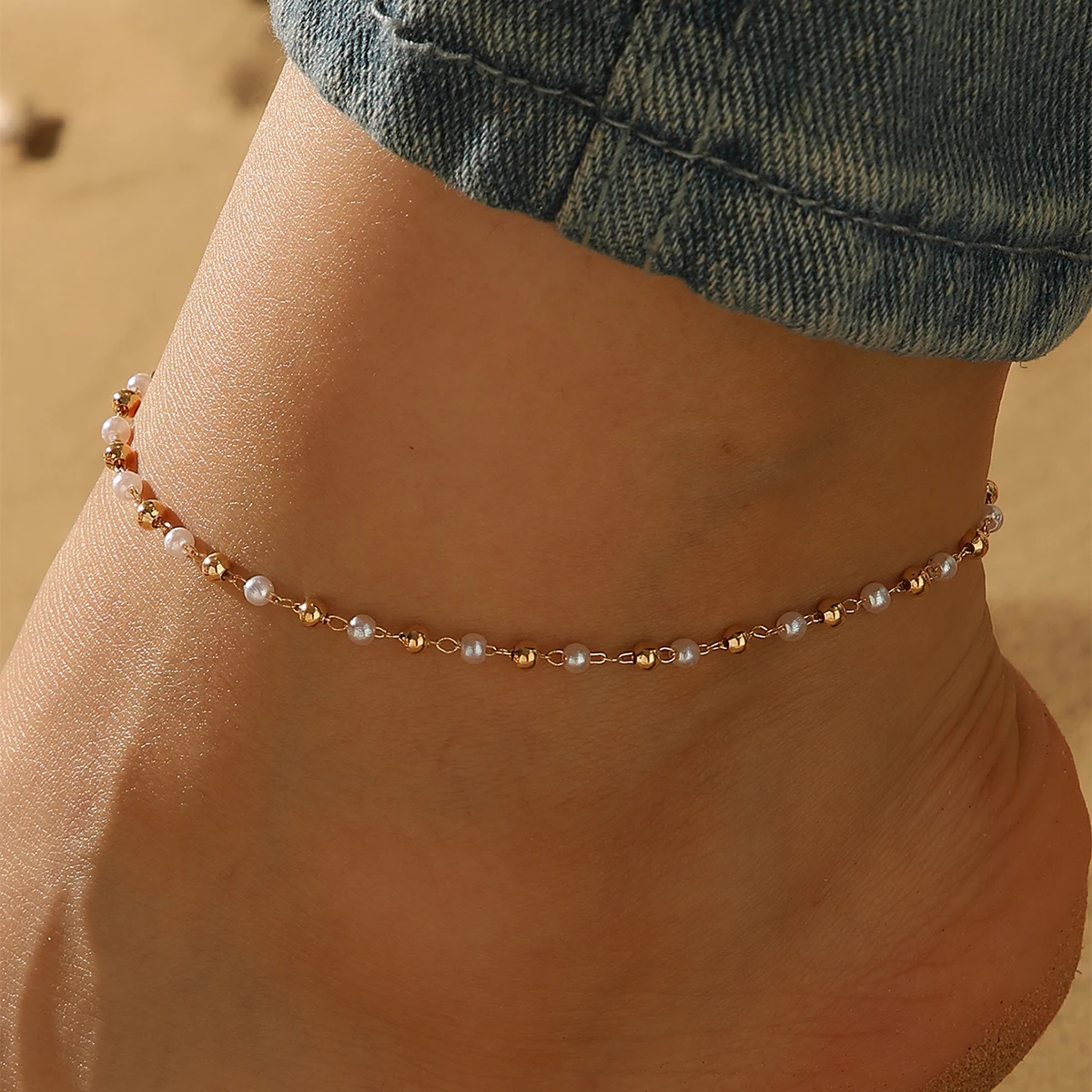 Ankle Chains Bead Bracelet Beads Anklet Imitation Pearl Beads Chain Anklet for Women Girls Fashion Accessories