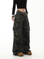 Camouflage Cargo Pants Women Y2K Streetwear Low Rise Jeans Retro Wide Leg Trousers Denim Straight Trousers Harajuku 2