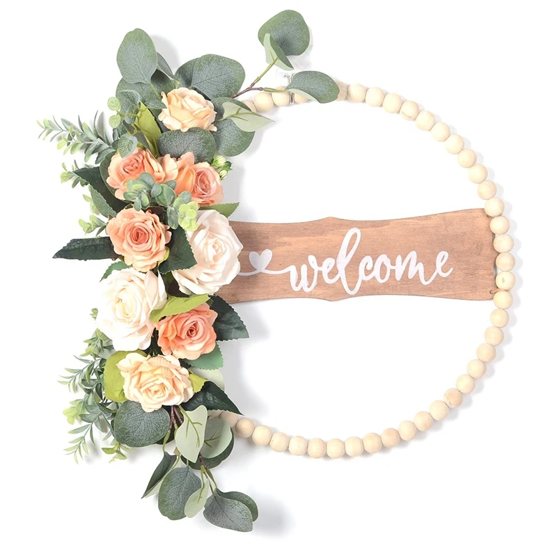 

Welcome Sign For Front Door, Wood Beads And Eucalyptus Wreath, Indoor Outdoor All Seasons Floral Wreath